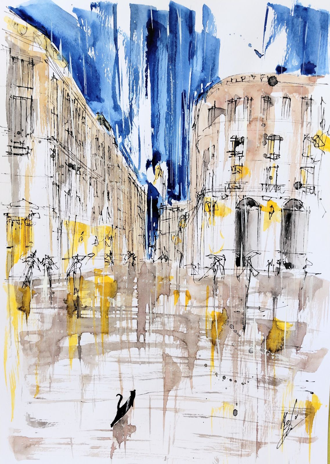 原画#118 黒猫 雨 ロンドン アート 水彩画 ドローイング インテリア