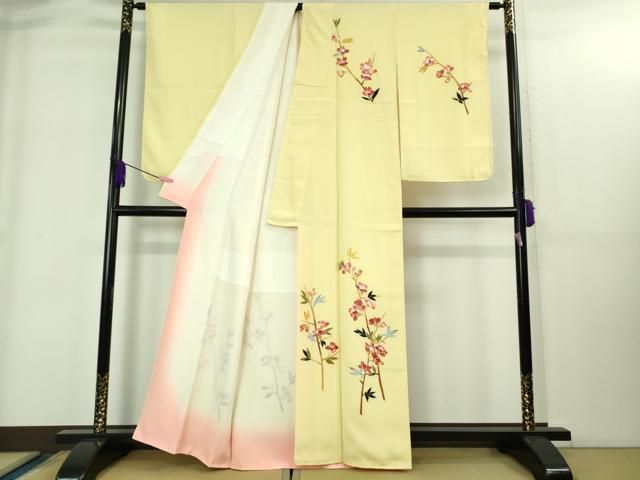 平和屋着物○極上 本加賀友禅作家 成竹登茂男 訪問着 枝花文 女郎花色