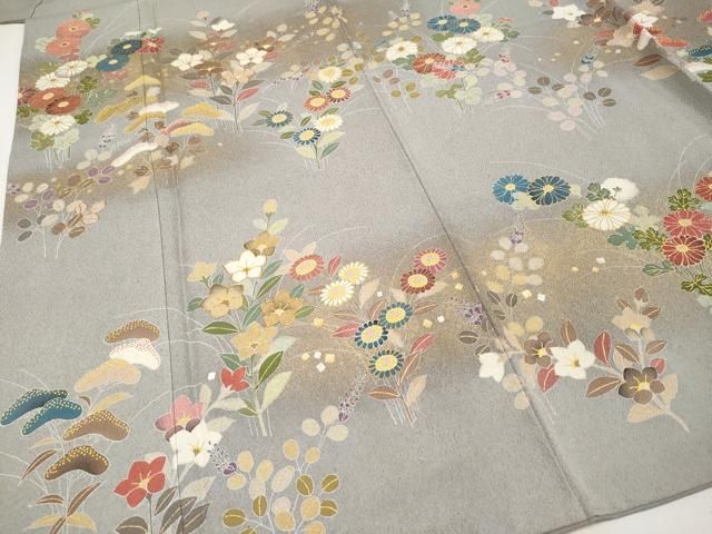 平和屋着物●極上　京友禅の第一人者　松井青々　訪問着　駒刺繍　秋草文　銀鼠色地　金彩　証紙付き　逸品　CYAA4104s6 平和屋着物○極上 京友禅の第一人者 松井青々 訪問着 駒刺繍 秋草文