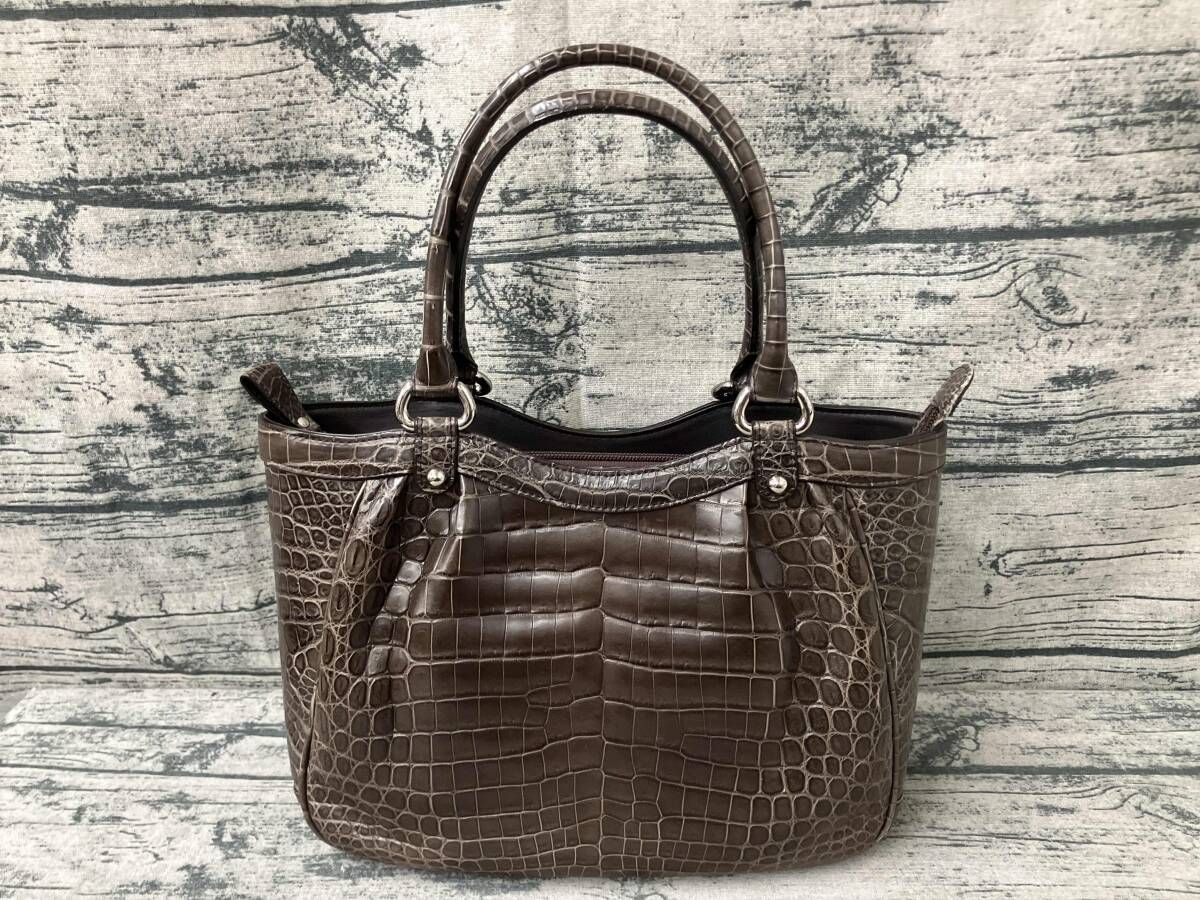 JRA クロコダイル エナメルレザー ハンドバッグ ダークブラウン JRA認定 クロコダイル レザー ハンドバッグ ブラウン バッグ 本革