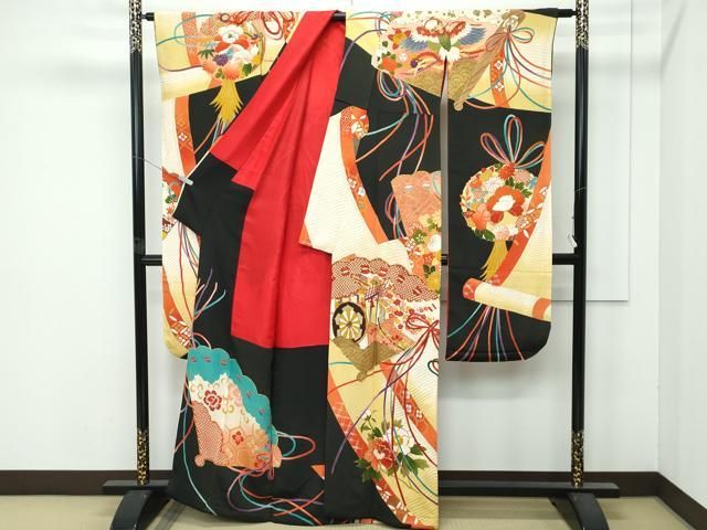 平和屋着物○極上 アンティーク 大正ロマン 振袖 駒刺繍 檜扇吉祥花文