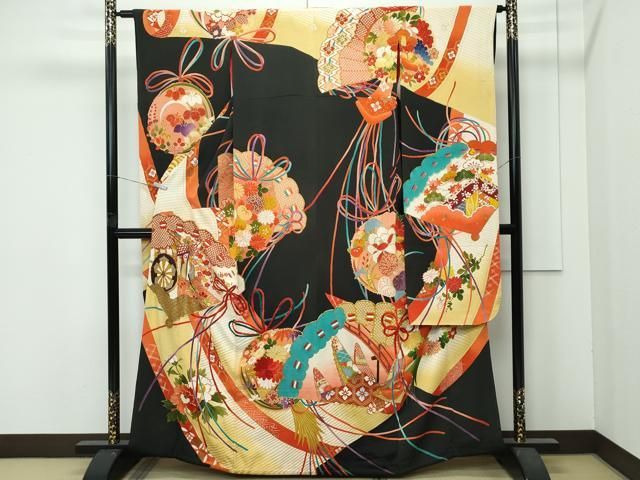 平和屋着物○極上 アンティーク 大正ロマン 振袖 駒刺繍 檜扇吉祥花文