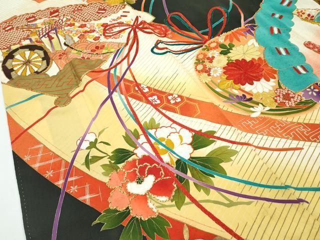 アンティーク着物　二尺袖大正ロマン　小振袖　駒刺繍　檜扇吉祥花文　正絹 平和屋着物○極上 アンティーク 大正ロマン 振袖 駒刺繍 檜扇吉祥花文