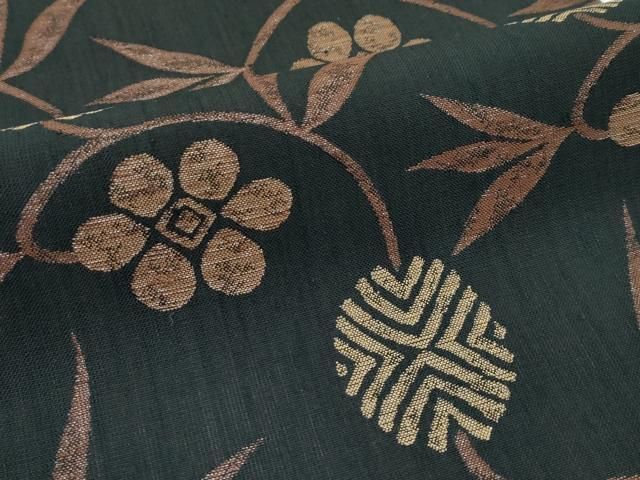 平和屋着物○極上 西陣 勝山織物 六通柄袋帯 紬地 草花文 黒地 逸品