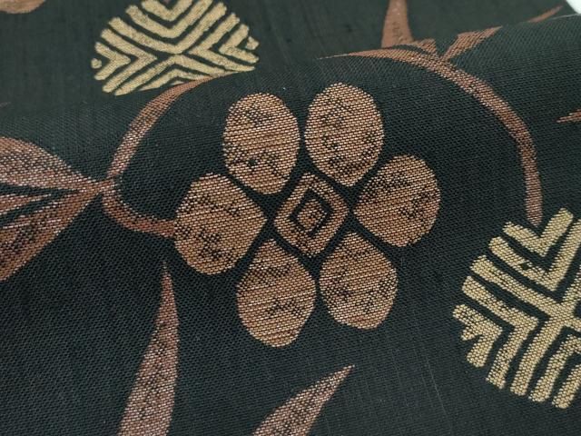 平和屋着物○極上 西陣 勝山織物 六通柄袋帯 紬地 草花文 黒地 逸品