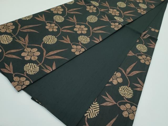 平和屋着物○極上 西陣 勝山織物 六通柄袋帯 紬地 草花文 黒地 逸品