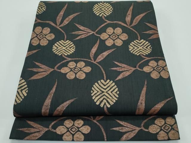 平和屋着物○極上 西陣 勝山織物 六通柄袋帯 紬地 草花文 黒地 逸品