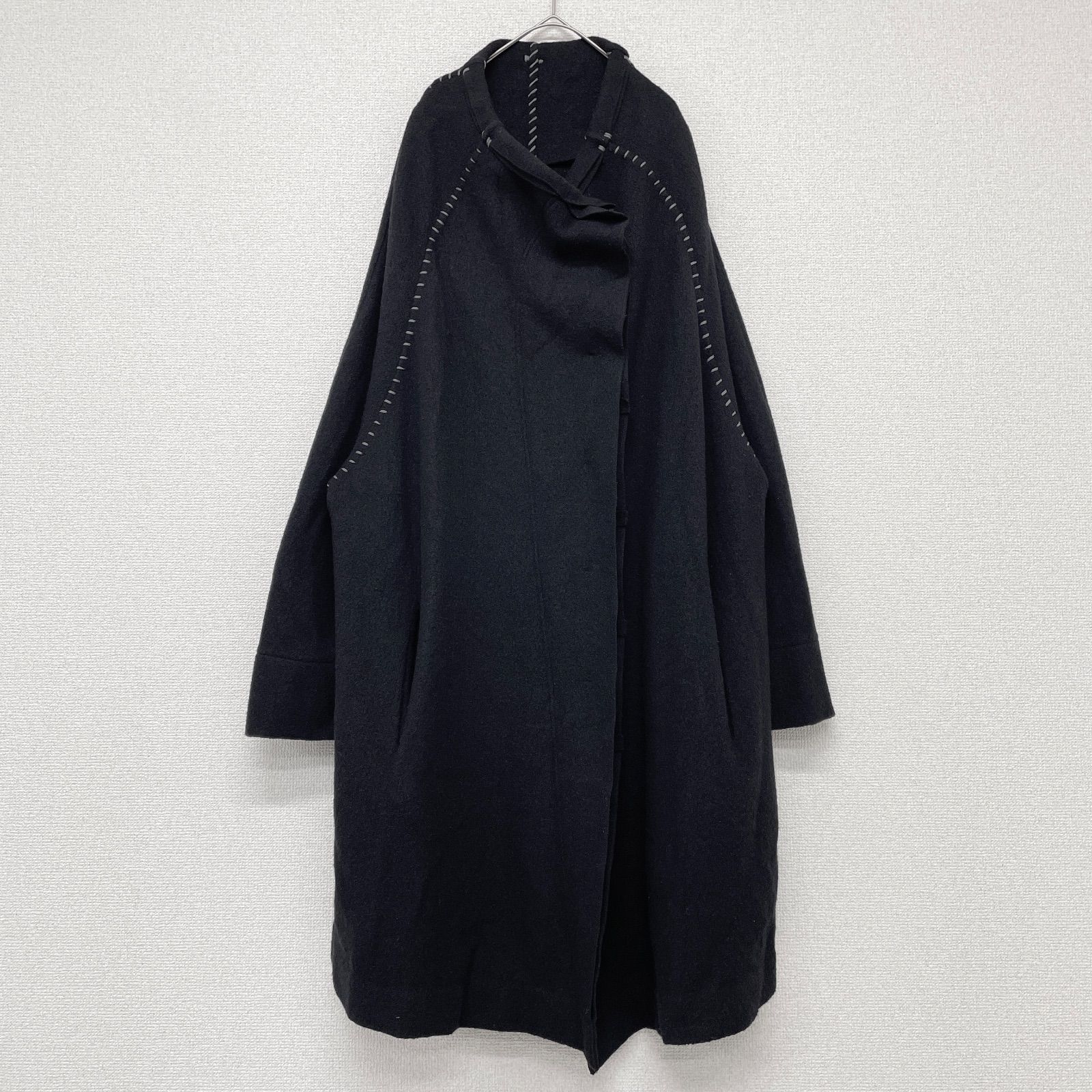 【未使用】モユル 萌 ロングコート ジャケット 変形 Aライン 長袖 秋 タグ 萌 MOUURU モユル 変形ロングコート オーバーサイズ ウール ブラック