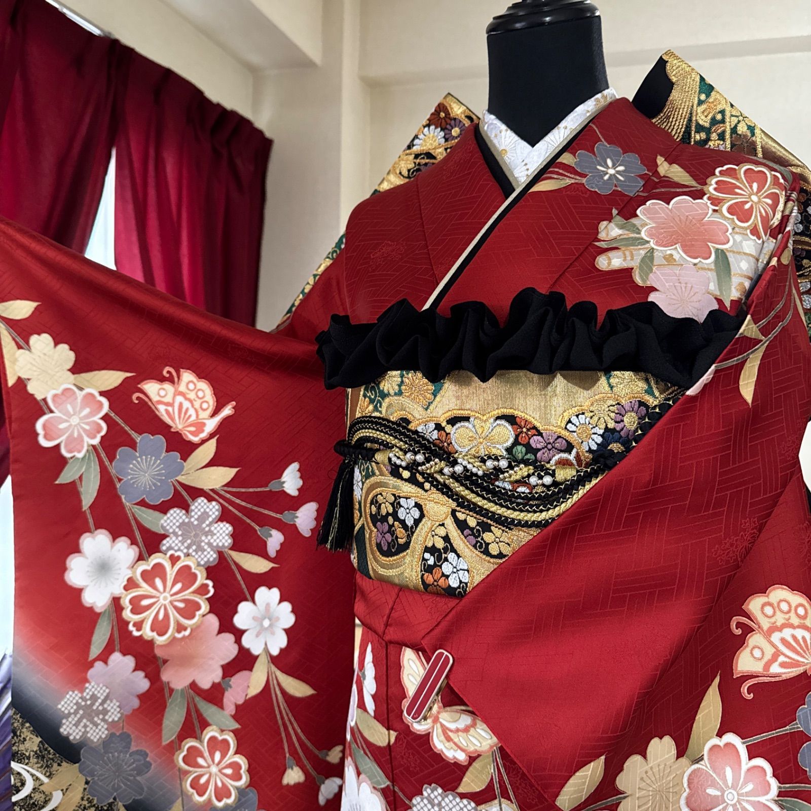 振袖フルセット、正絹振袖セット、半襟、重ね衿、帯揚げ、帯締め、袋帯 振袖】0841正絹総絞り帯揚げ・半襟＆重ね衿 帯締めセット 振袖 和装