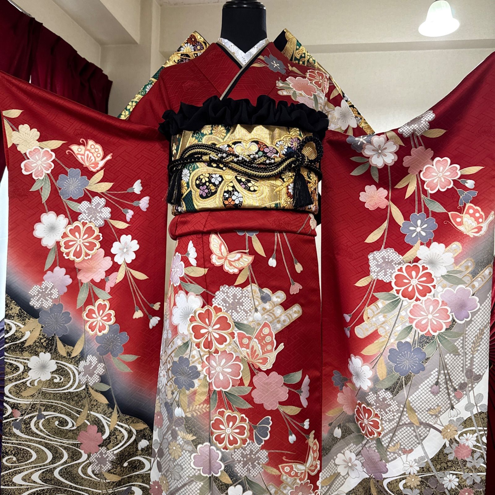 豪華正絹振袖フルセット 身丈167 蘇芳 袋帯 帯揚げ 帯締め 重ね衿 振袖フルセット、正絹成人式、半襟重ね衿、帯揚げ帯締め、西陣袋帯