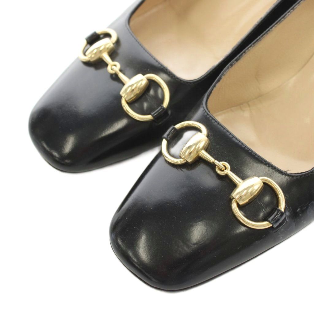GUCCI ブラック ポインテッドトゥ パンプス 38 グッチ GUCCI ホースビット パンプス チャンキーヒール スクエアトゥ