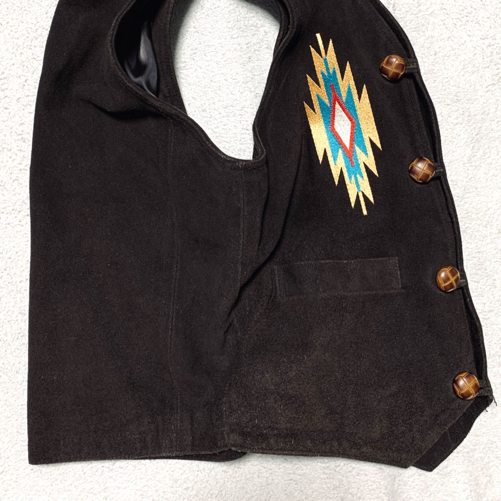ネイティブ柄 チマヨ レザーベスト M スエード 牛革 90s ヴィンテージ VINTAGE レザーベスト 刺繍 チマヨ オルテガ ネイティブ柄 牛革 くるみ