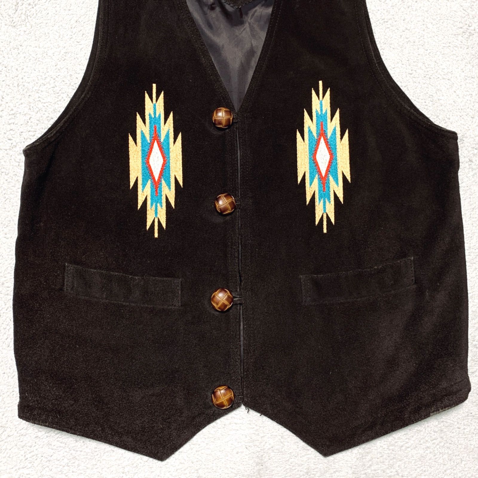 VINTAGE レザーベスト 刺繍 チマヨ オルテガ ネイティブ柄 牛革 くるみ