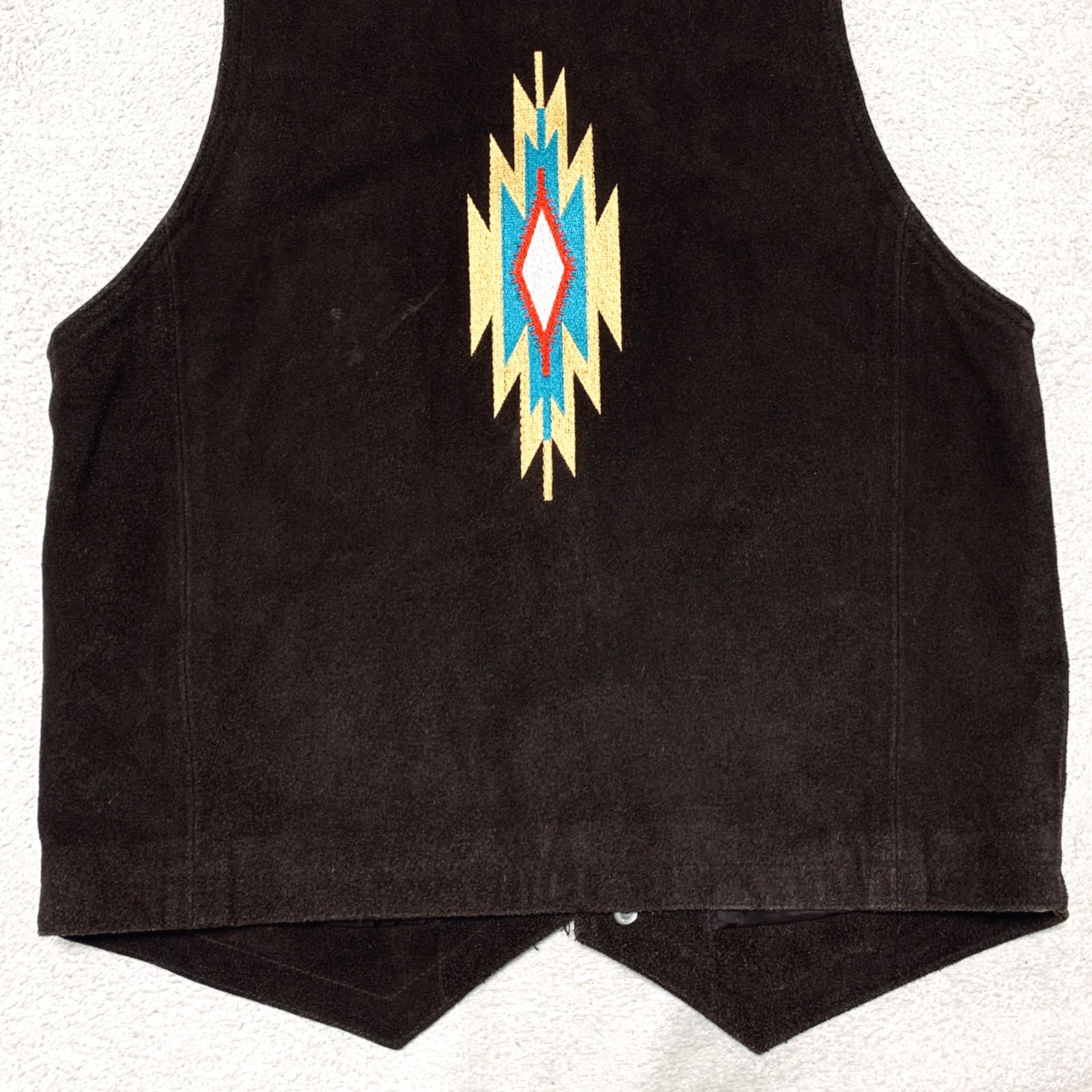 レザーベスト　牛革　チマヨ　両面刺繍　90s　カウボーイ　ネイティブ　オルテガ柄 レザーベスト 牛革 チマヨ 両面刺繍 90s カウボーイ ネイティブ