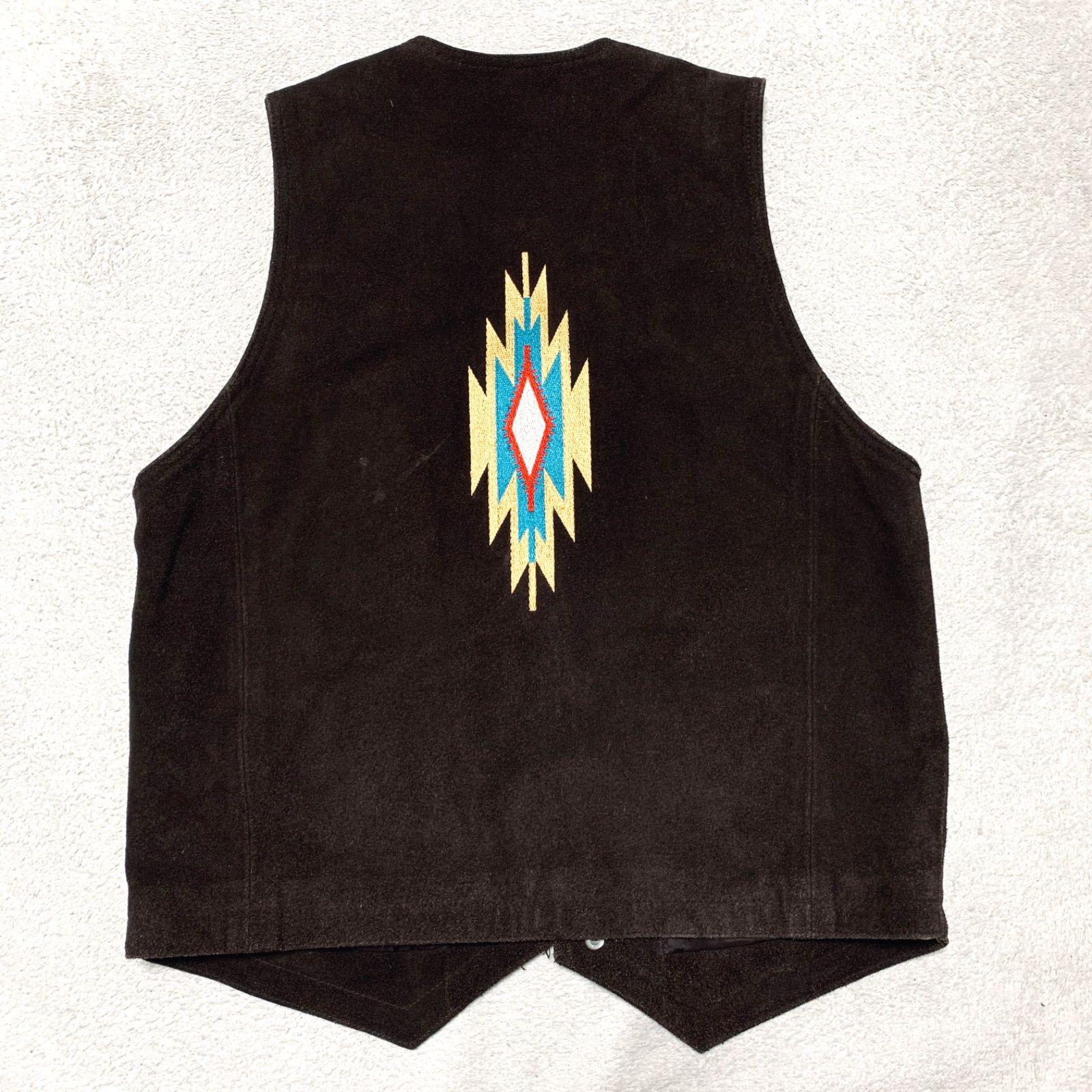 VINTAGE レザーベスト 刺繍 チマヨ オルテガ ネイティブ柄 牛革 くるみ