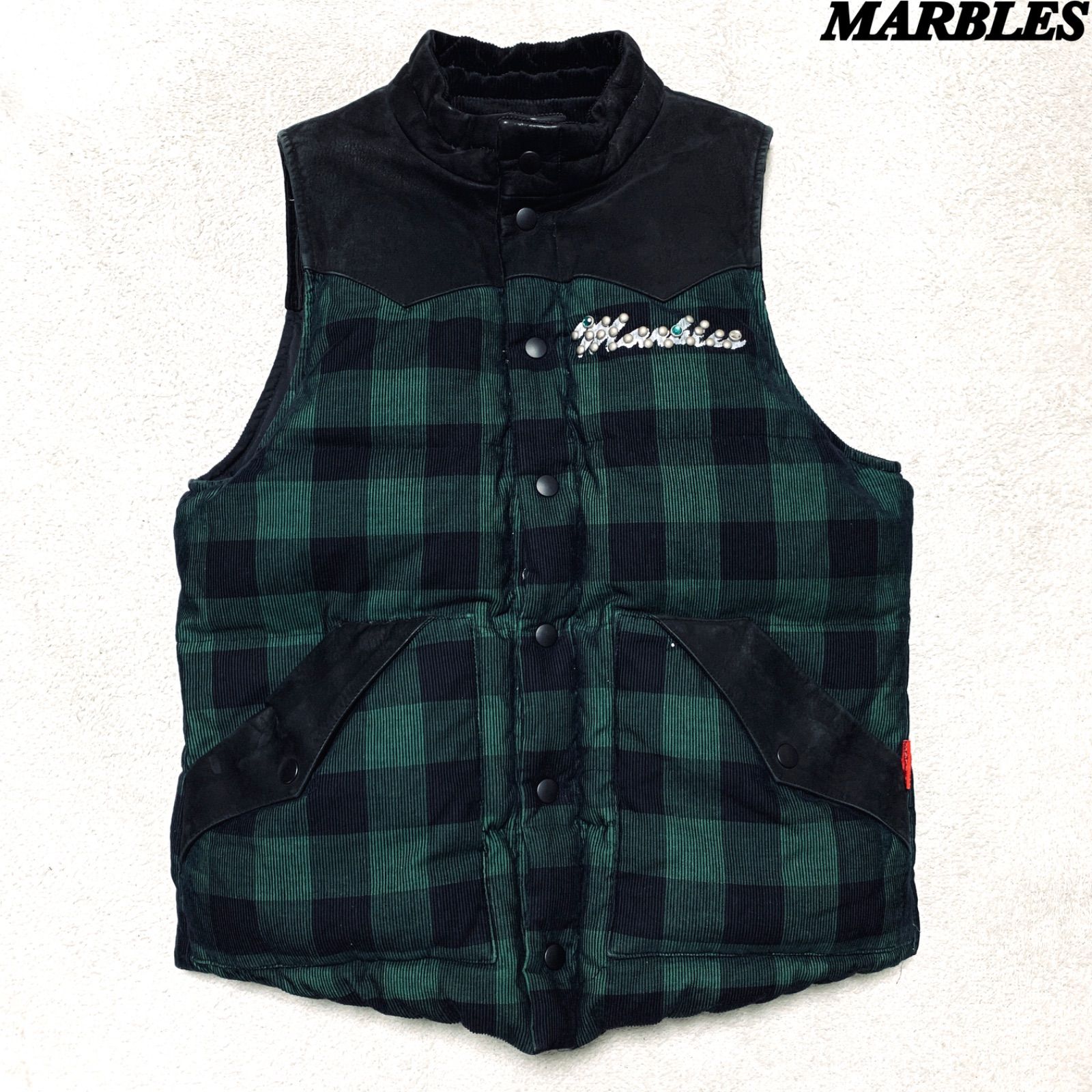 MARBLES リバーシブルダウンベスト ブラック/グリーンチェック ダウン 