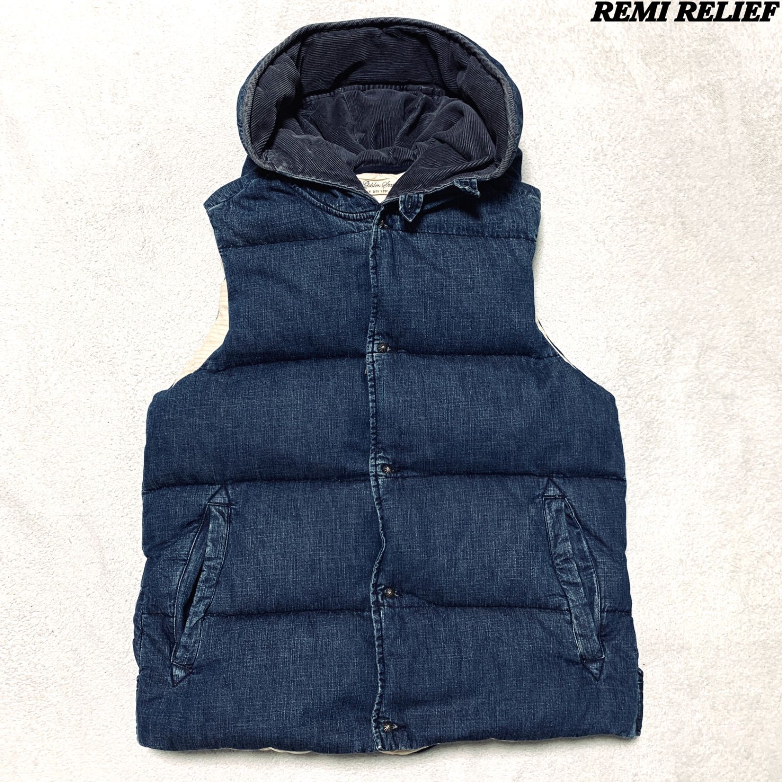 REMI RELIEF ダウンベスト デニム コンチョボタン フード付
