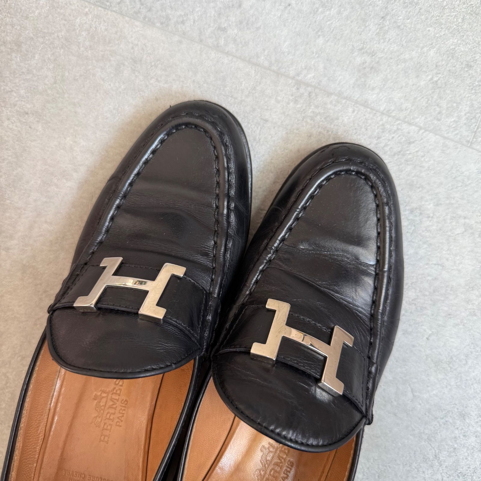HERMES エルメス ローファー Hロゴ 革靴 コンスタンス レザー ブラック