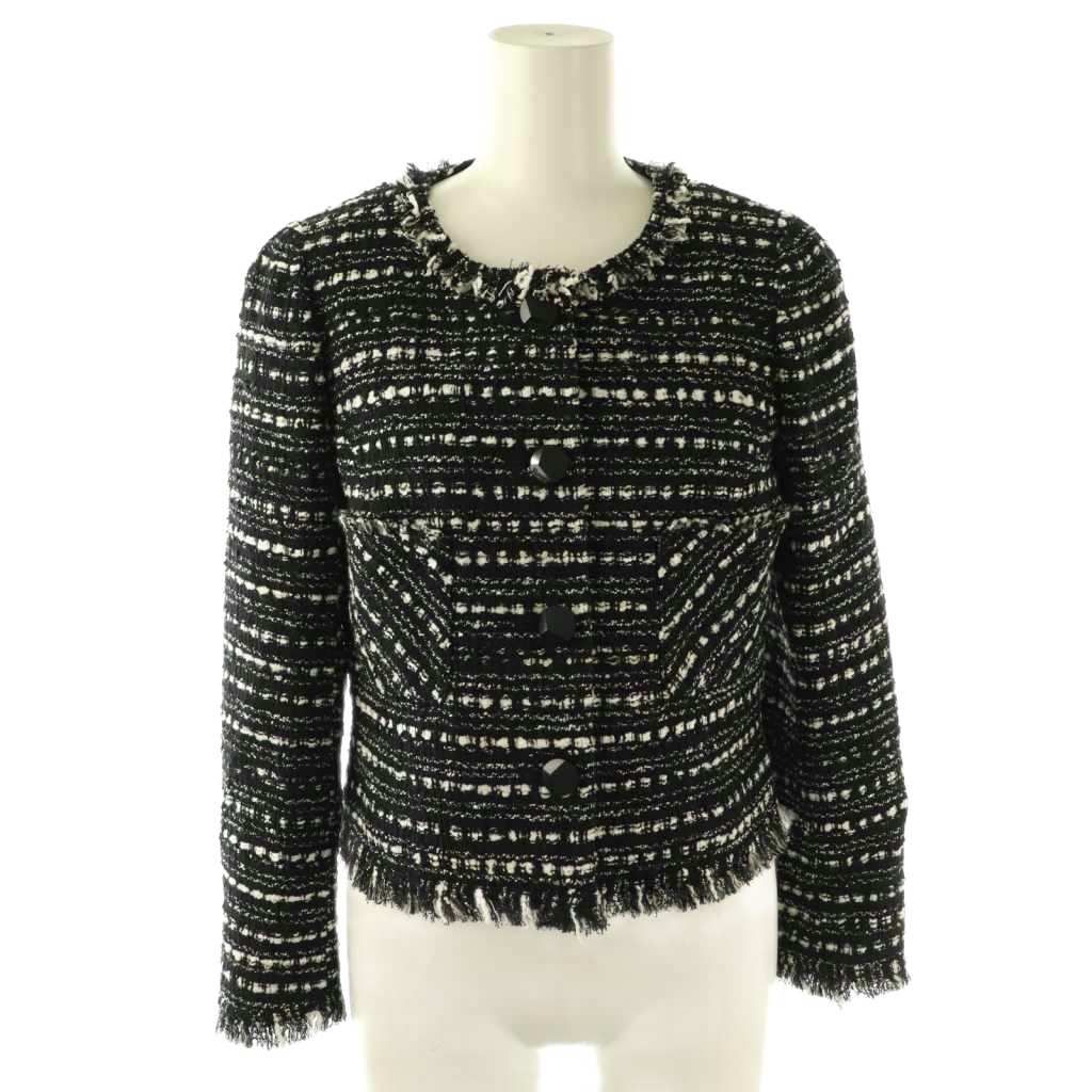 René ルネ TISSUE 高級ツイード ノーカラージャケット サイズ38 ルネ Rene ツイードノーカラー ジャケット ×TISSUE 34 ブラック /HK