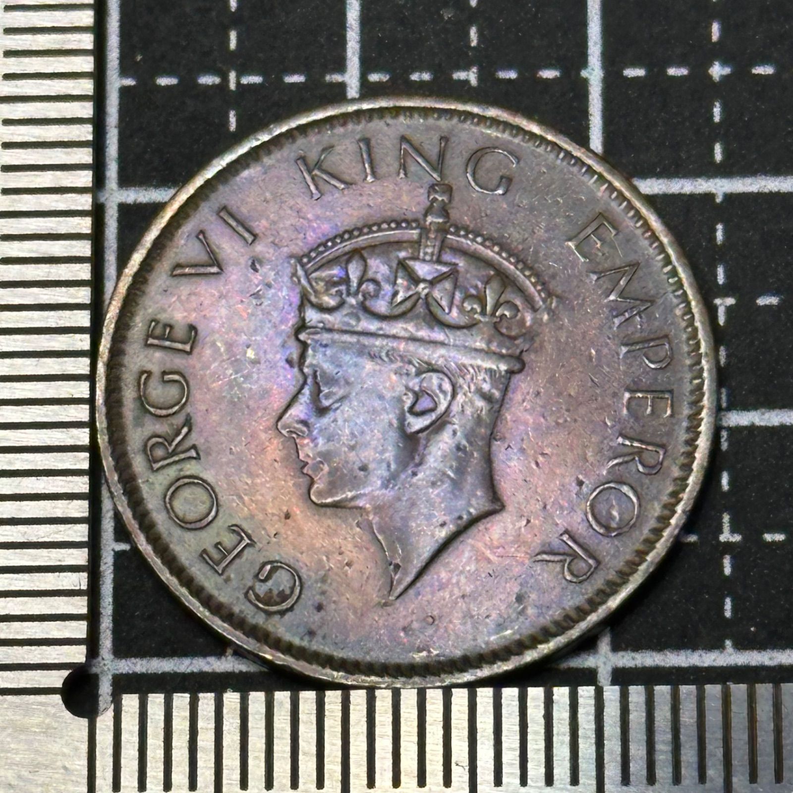 インドアンティーク印象Ｇ 英領インド銅貨】1940年 1/4アンナ ジョージ6世／英国統治下・唐草装飾