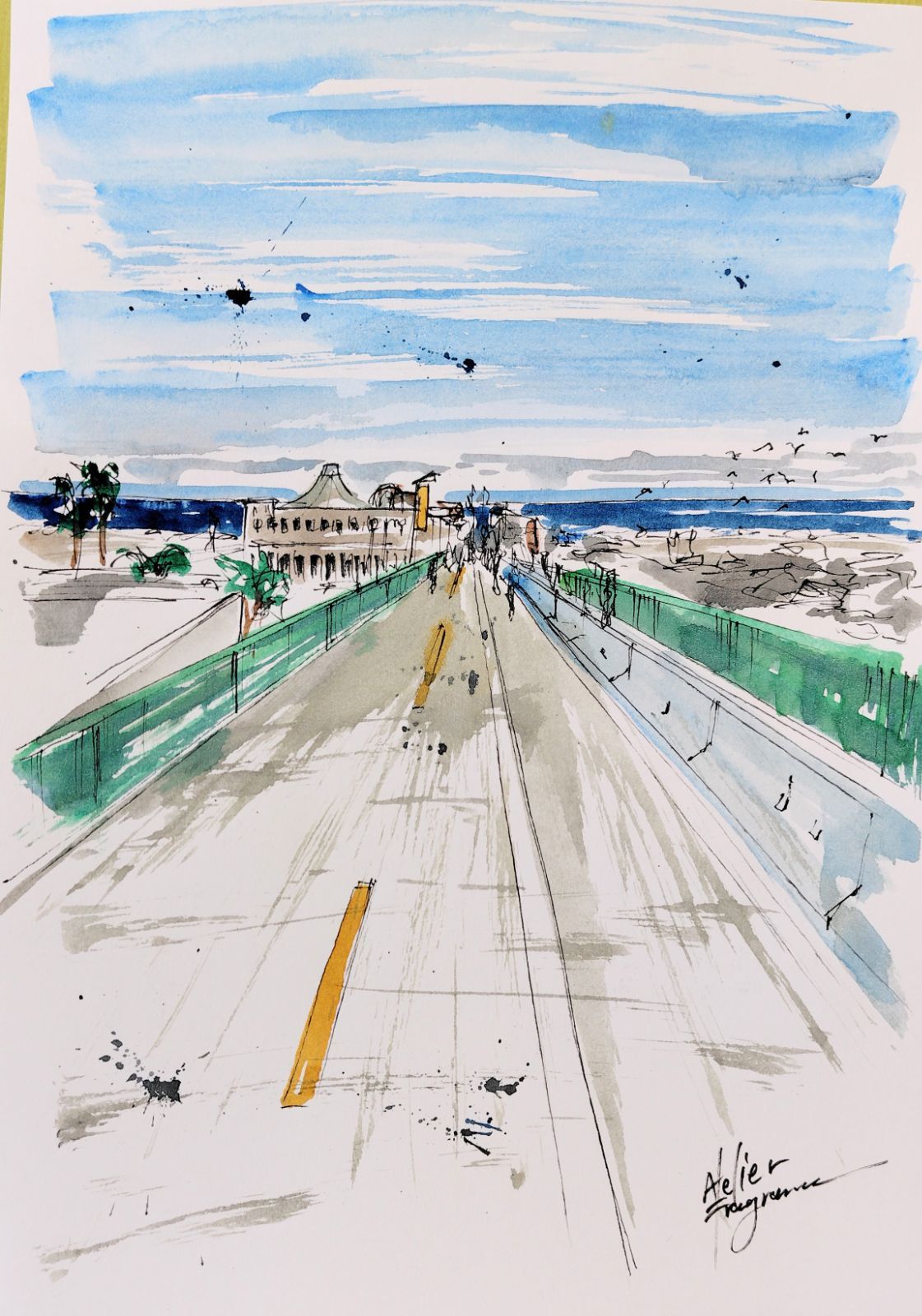 原画#119 サンタモニカ 海 水彩画 ドローイング インテリア アート