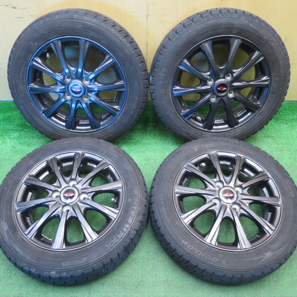 バリ溝　ダンロップ 155/65R14 ホイールセット （青0466） バリ溝 155/65R14 ダンロップ スタッドレスタイヤ 4本セット