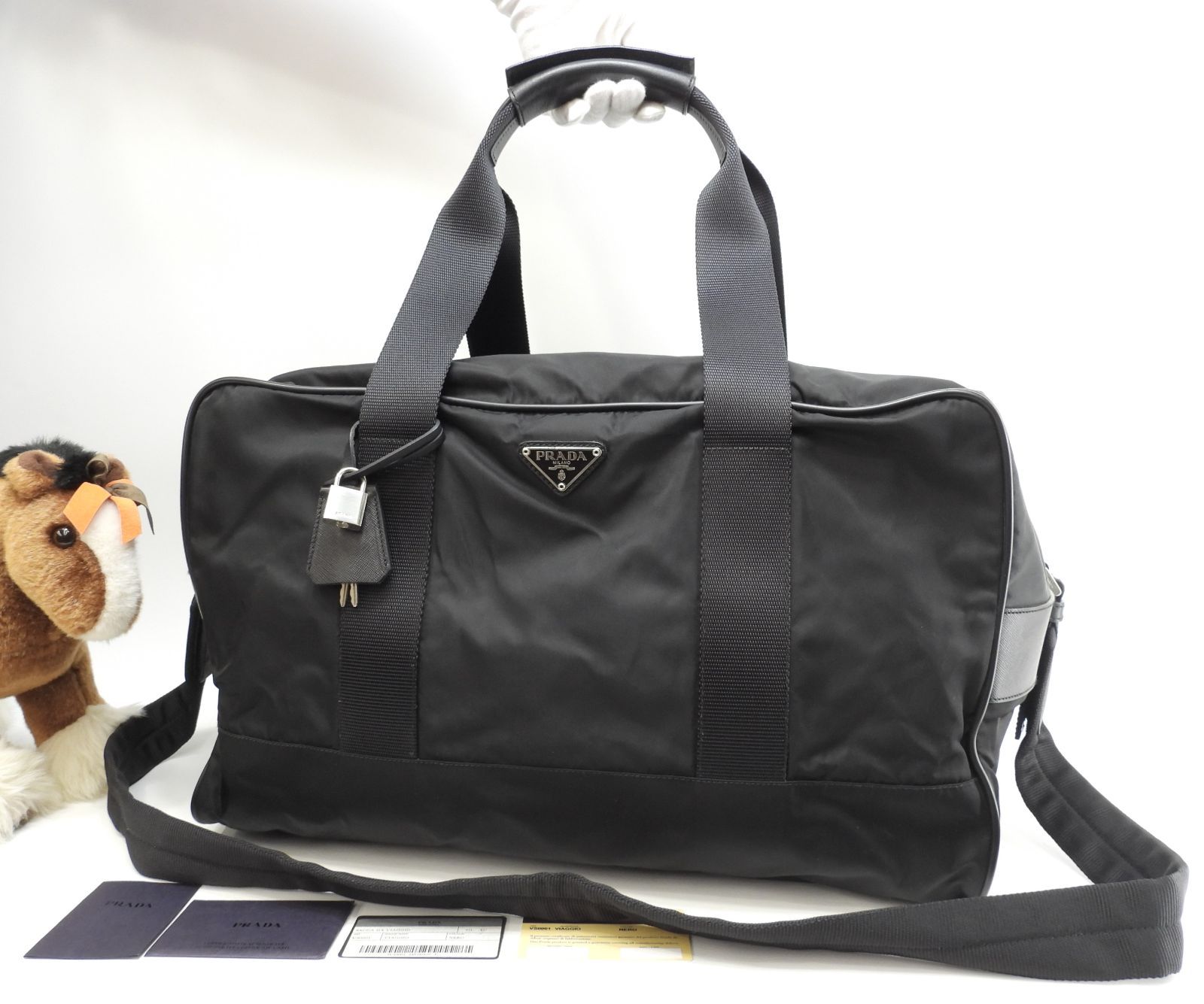 プラダ s付ボストンバッグ大 三角プレート ナイロン革黒 トラベル 旅行