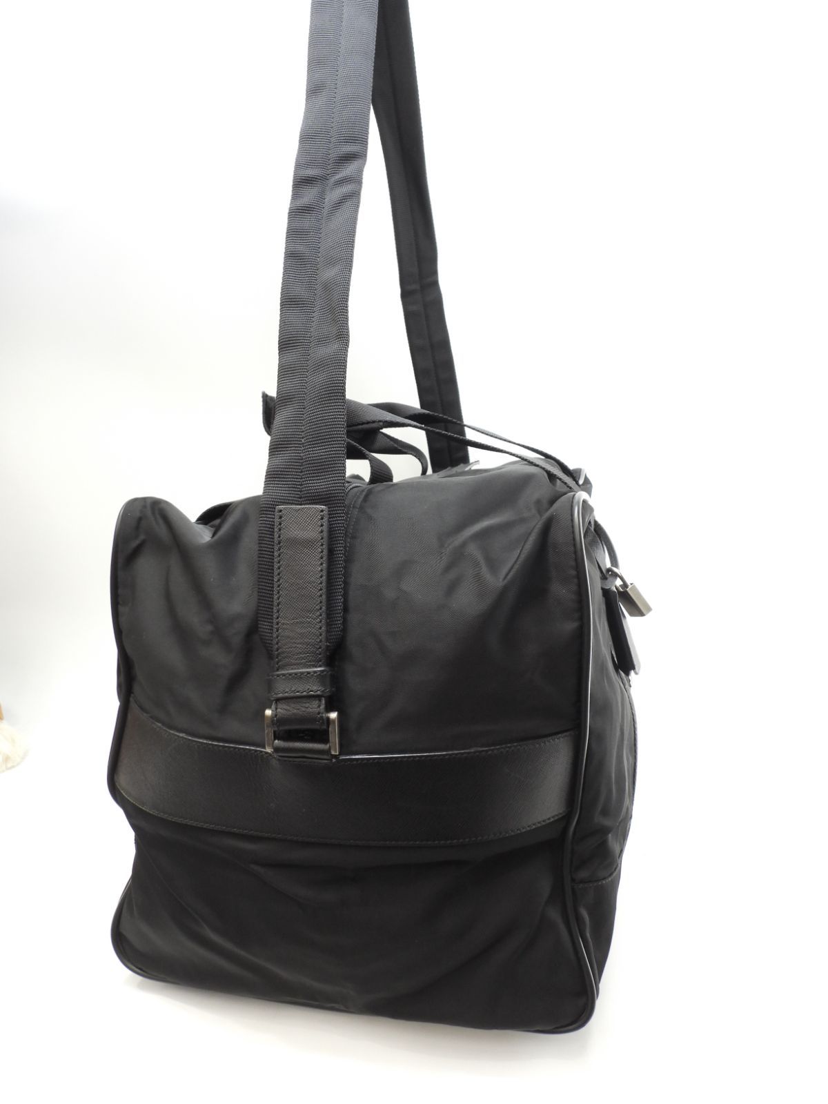 プラダ s付ボストンバッグ大 三角プレート ナイロン革黒 トラベル 旅行