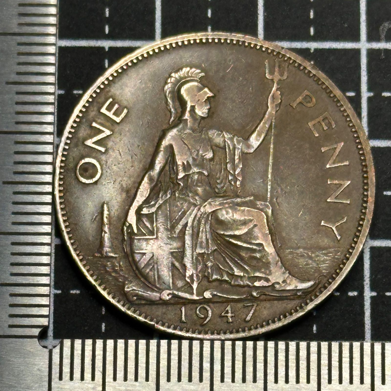 イギリス】1947年 ペニー銅貨／ジョージ6世肖像・ブリタニア座像／戦後