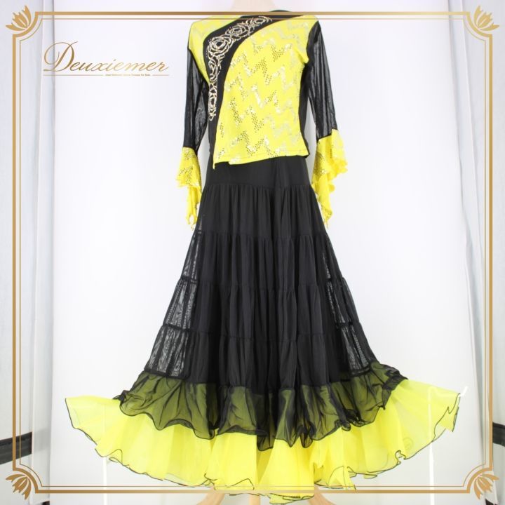 【美品 日本製社交ダンス衣装】ワンピース ドレス サン・ヨシムラ イエロー 黒 美品 日本製社交ダンス衣装】ワンピース ドレス サン・ヨシムラ