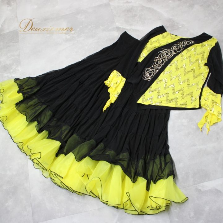 黒×黄色ツートンカラーワンピース✦スタンダード練習着✨ダンスパーティーにも！ deux amour ワンピース 裾プリーツ切り替え配色ワンピース : ZOZOTOWN
