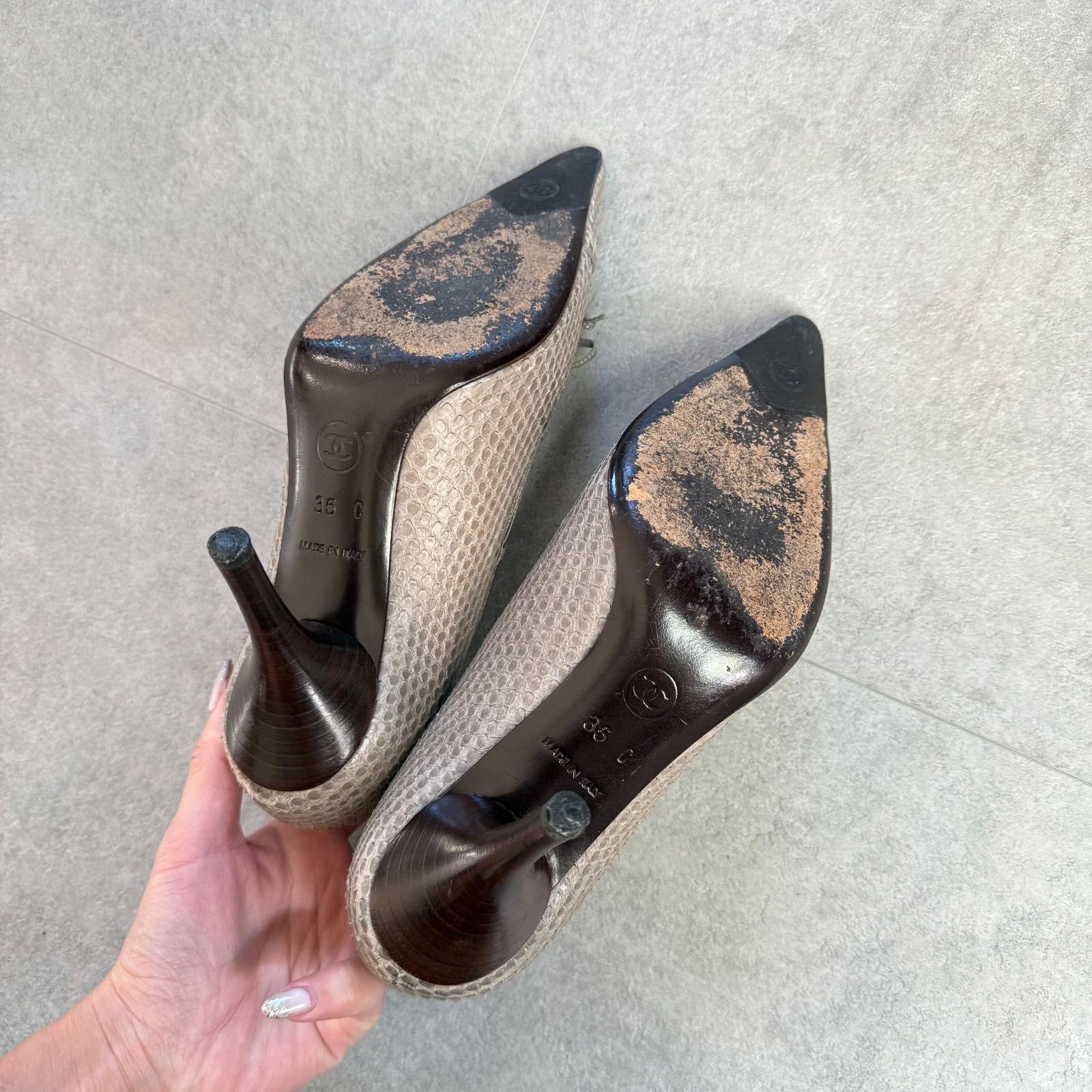 CHANEL シャネル パイソンレザー ココマーク リボンパンプス バレエ