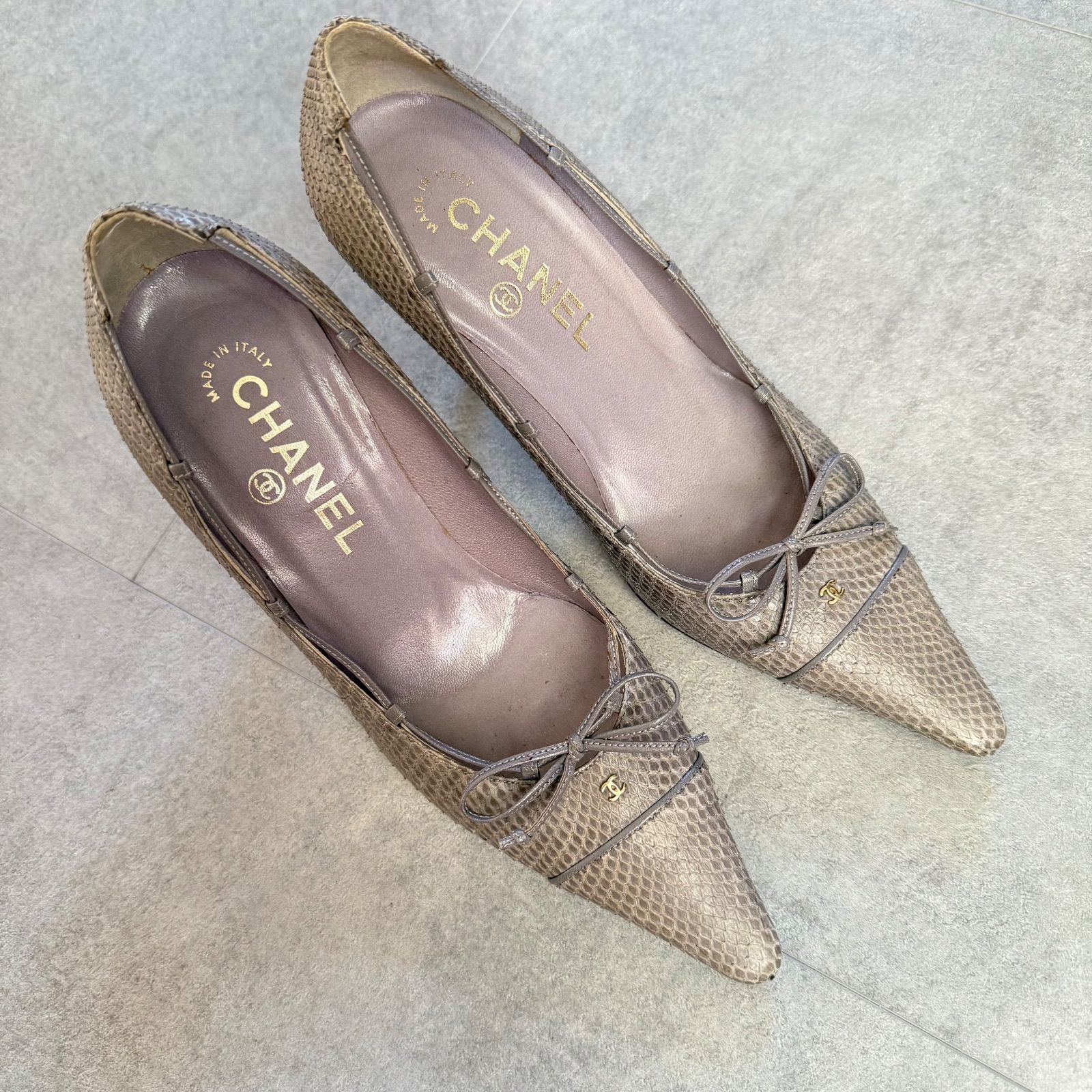CHANEL シャネル パイソンレザー ココマーク リボンパンプス バレエ