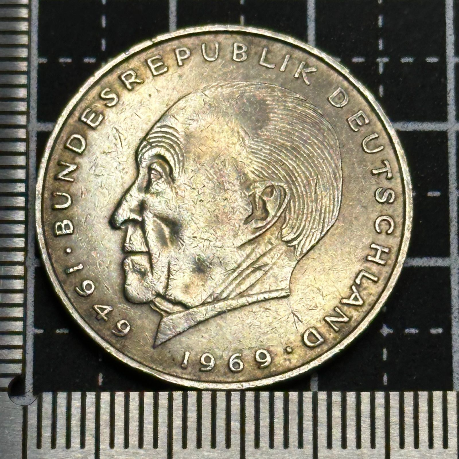 ドイツ旧硬貨 ドイツ】1969年 西ドイツ 2ドイツマルク／アデナウアー肖像・戦後復興