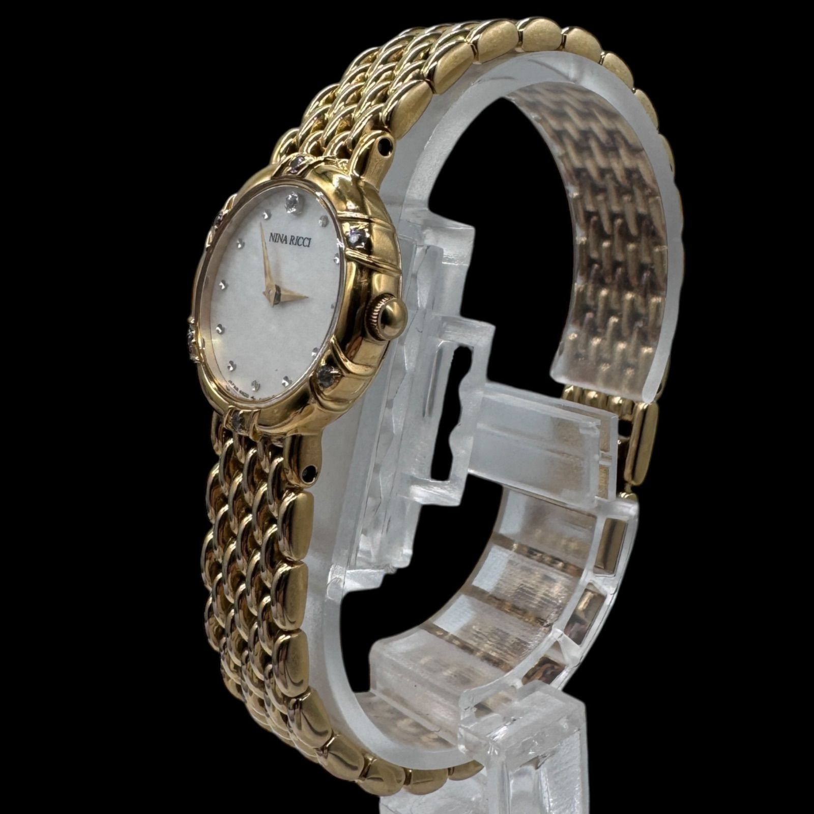 美品 新品電池 ニナリッチ ダイヤ シェル ゴールド レディース 腕時計 ドレス 新品電池稼働 良品 NINA RICCI ニナリッチ シェル文字盤 石付き