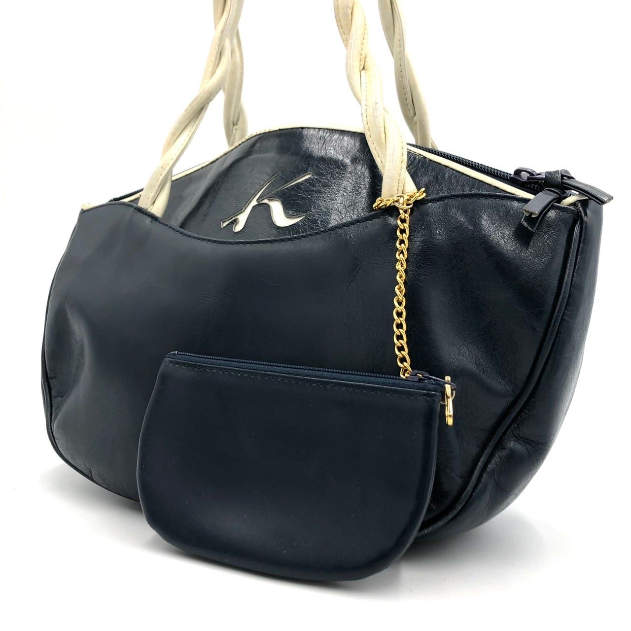 キタムラ Kitamura ハンドバッグ 紺 ネイビー レザー 本革 ポーチ付