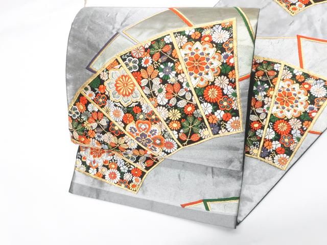 正絹 六通袋帯【刺繍 花々】　No.1771 一輝堂】袋帯 六通 金糸 刺繍 扇に花 正絹 25b12-2321 - メルカリ