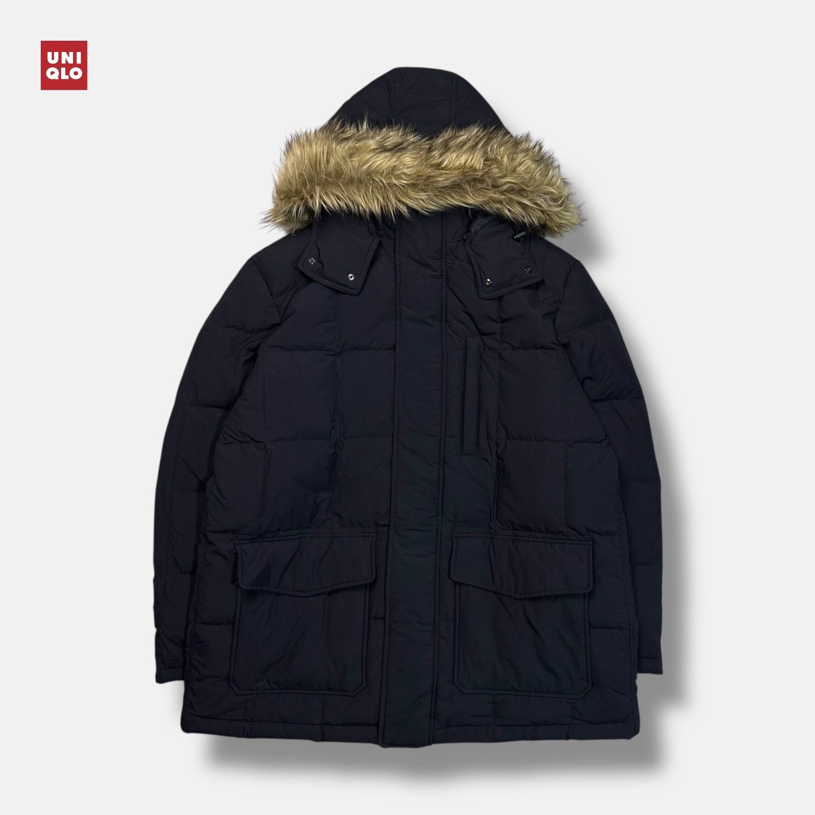 UNIQLO ファーフードナイロンダウンジャケット ネイビー XXL - メルカリ