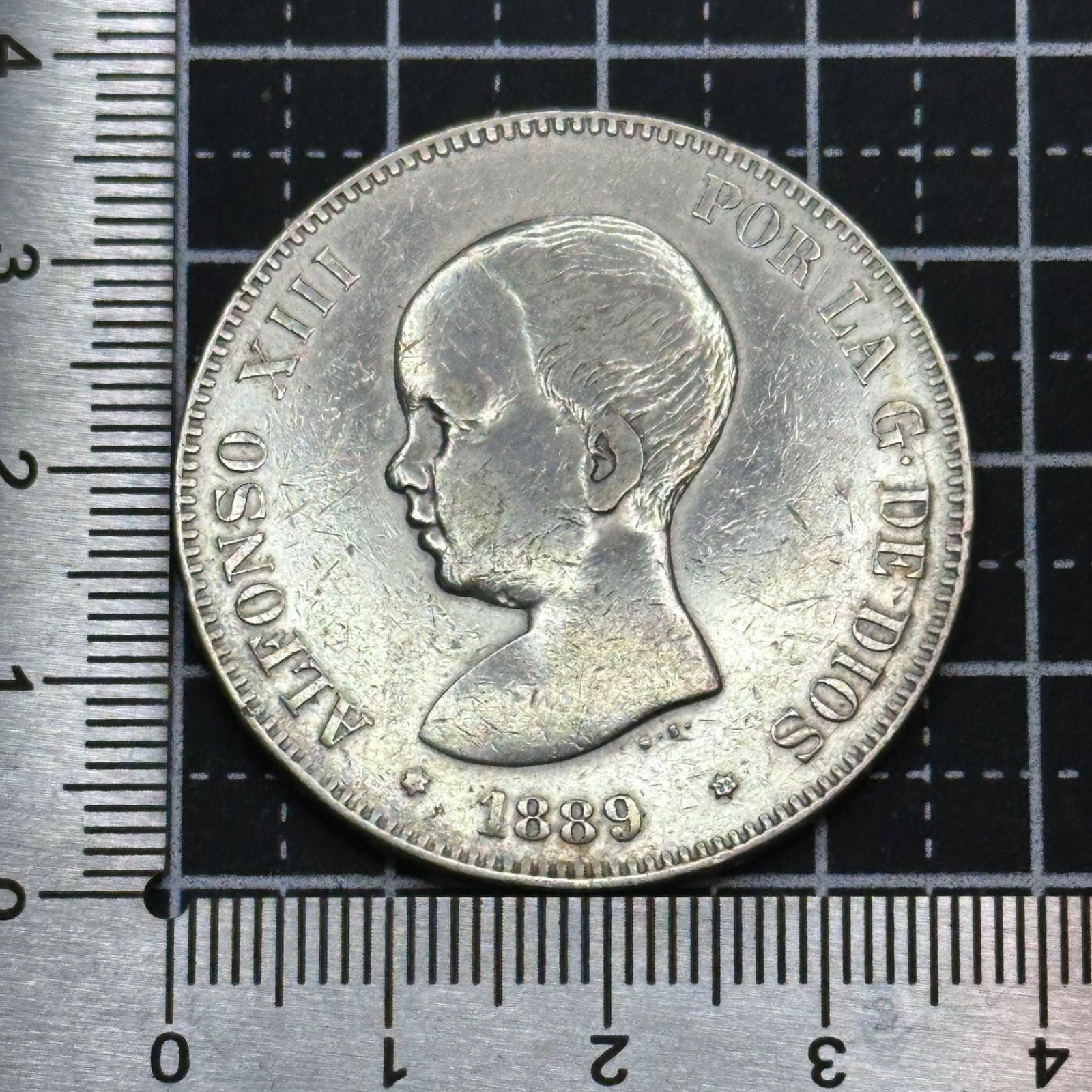 銀貨】1889年 スペイン 5ペセタ アルフォンソ13世 幼年像 銀90％／王の