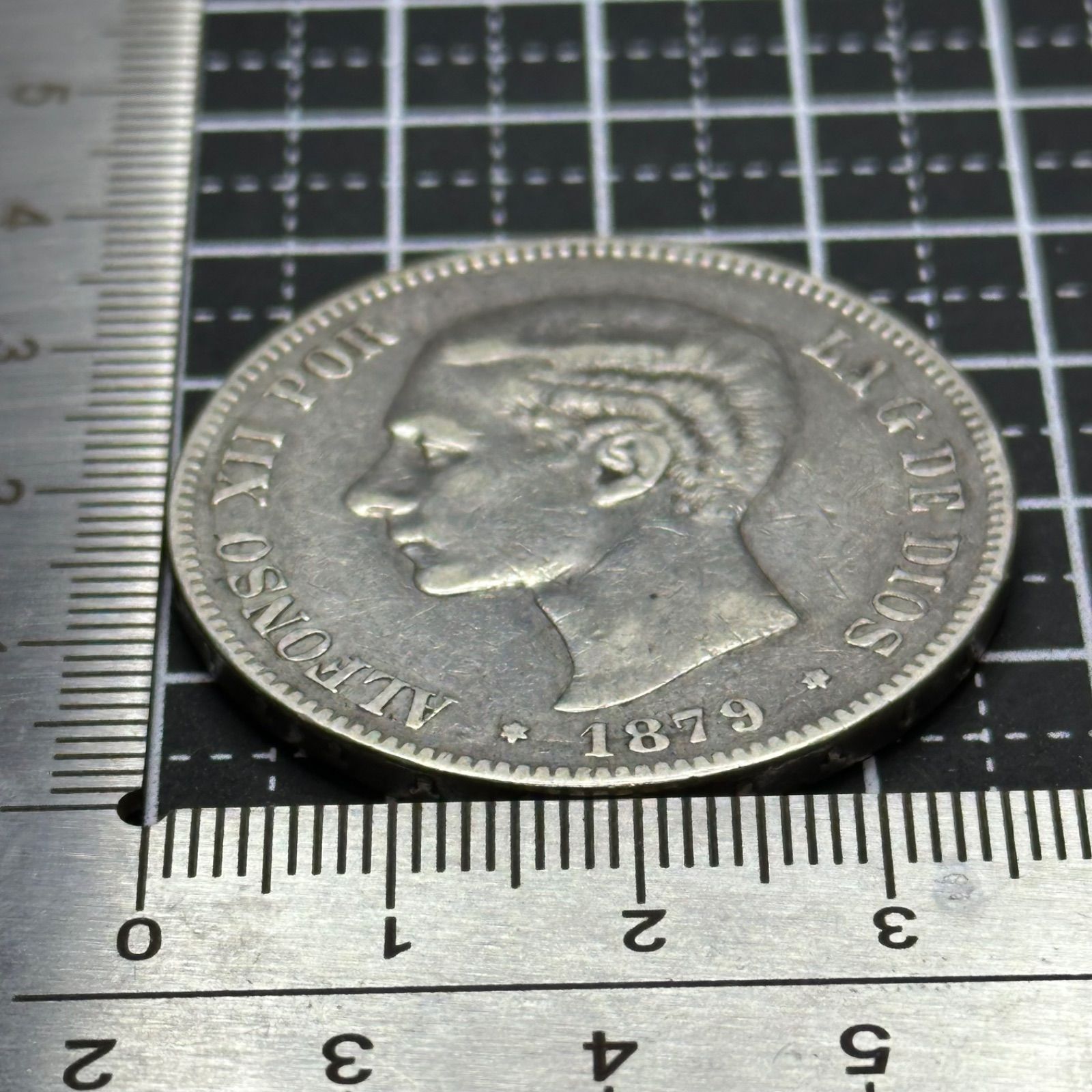 銀貨】1879年 スペイン 5ペセタ銀貨 アルフォンソ12世 王肖像 銀.900
