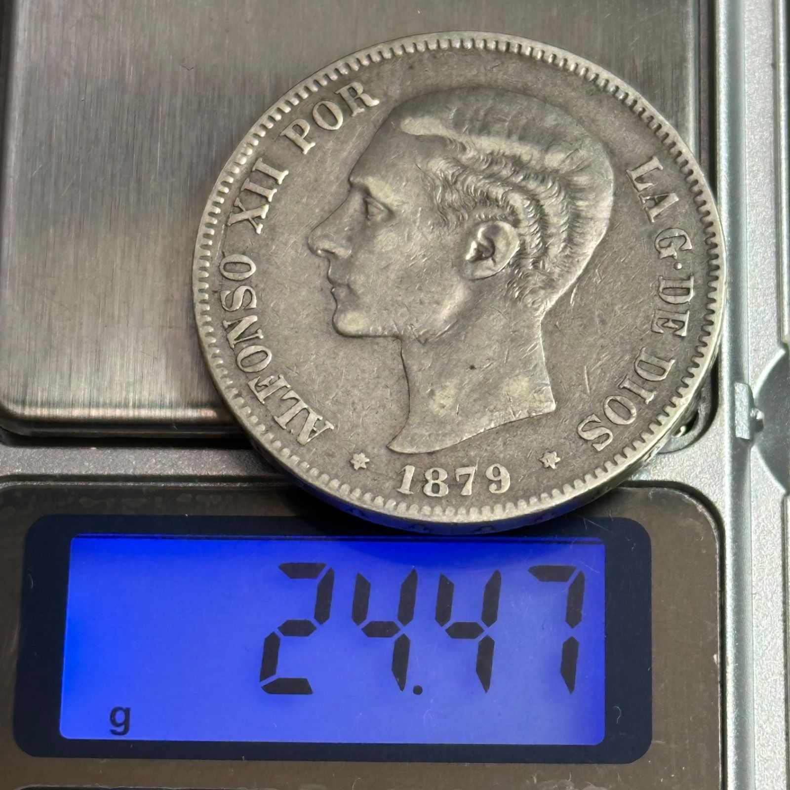 銀貨】1879年 スペイン 5ペセタ銀貨 アルフォンソ12世 王肖像 銀.900