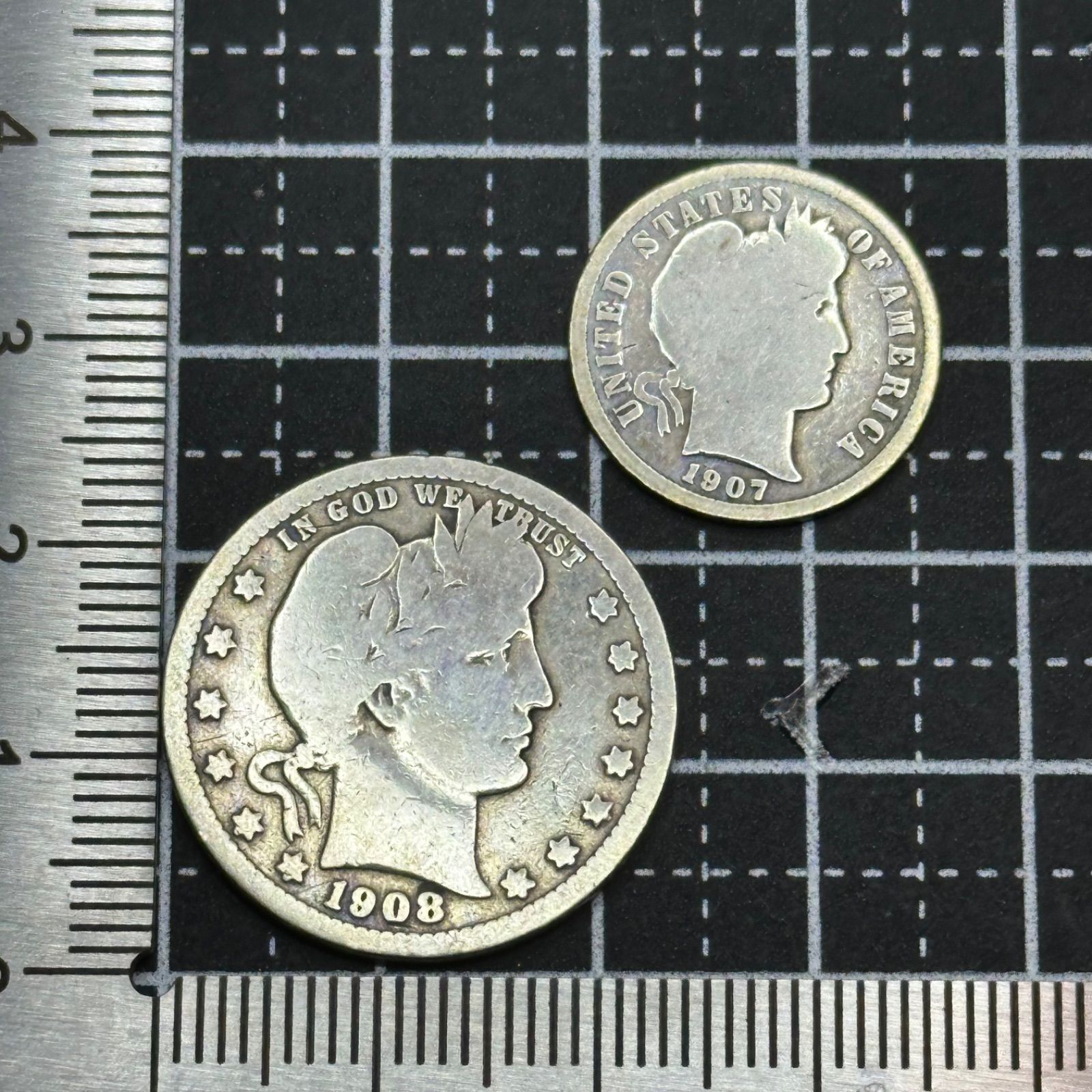 銀貨2枚組】1907–1908年 アメリカ バーバー ダイム＆クォーター 銀90