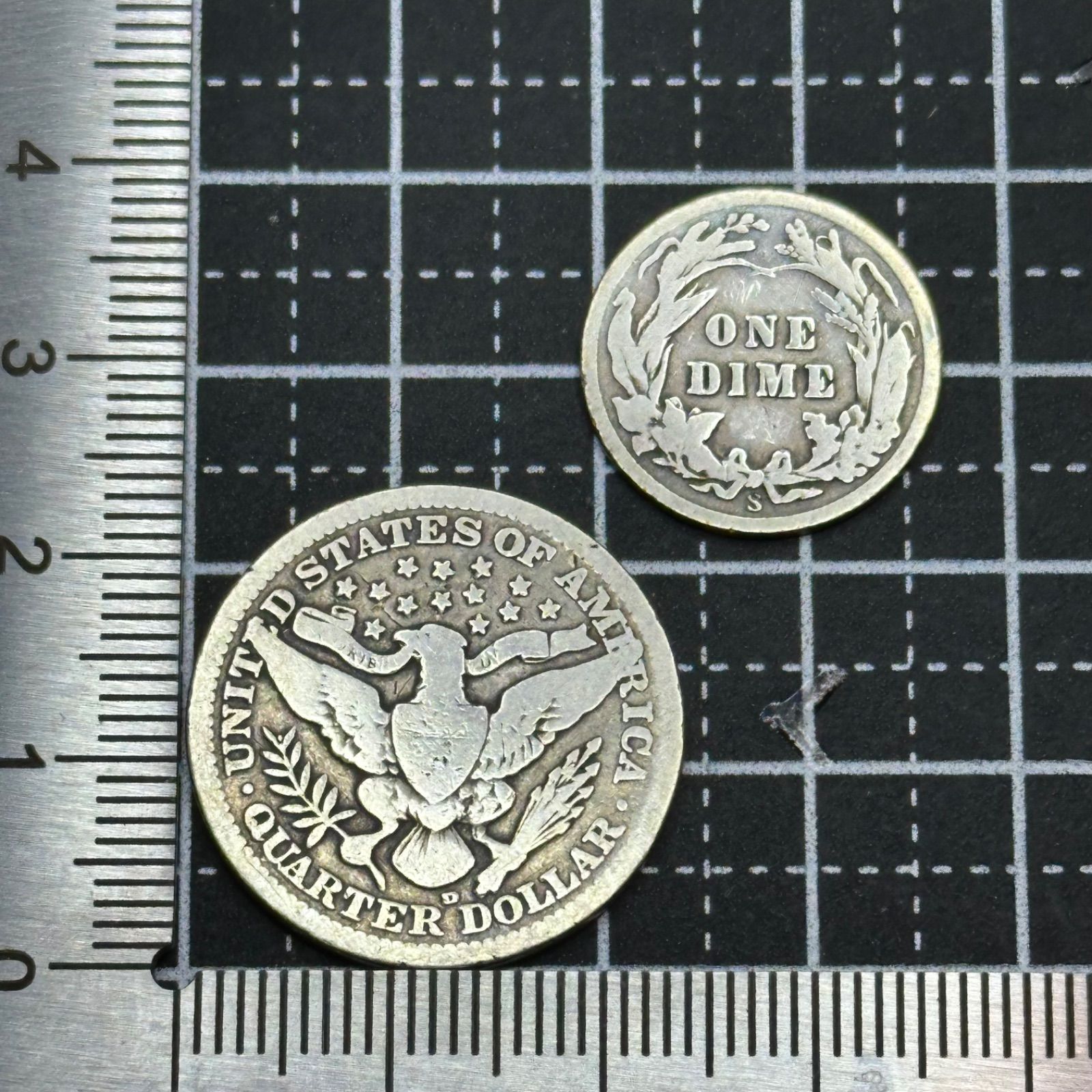 銀貨2枚組】1907–1908年 アメリカ バーバー ダイム＆クォーター 銀90