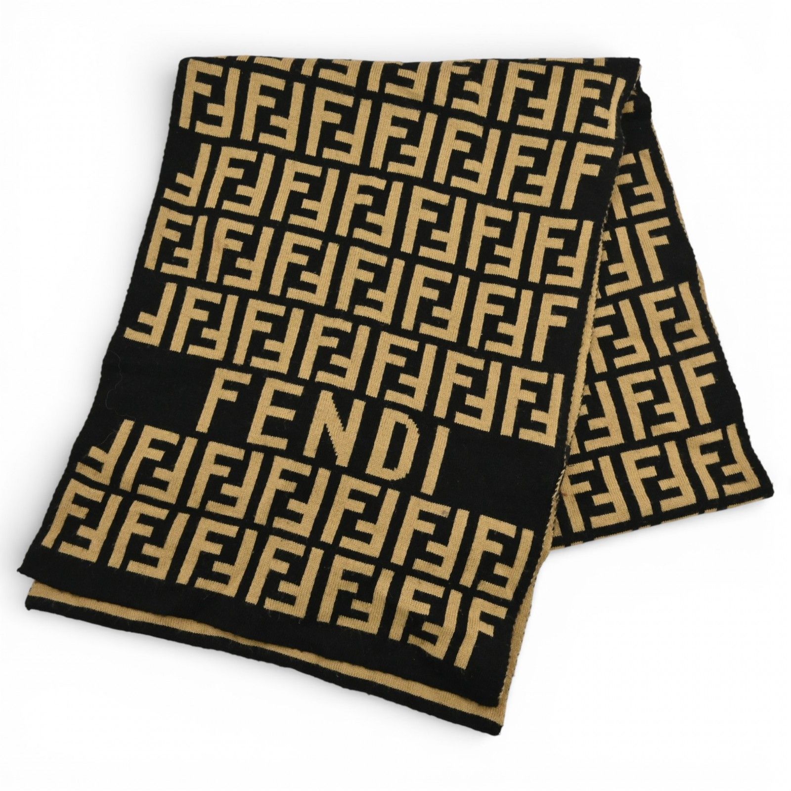 フェンディ ズッカ マフラー ブラック×ベージュ Bランク fe8510jk