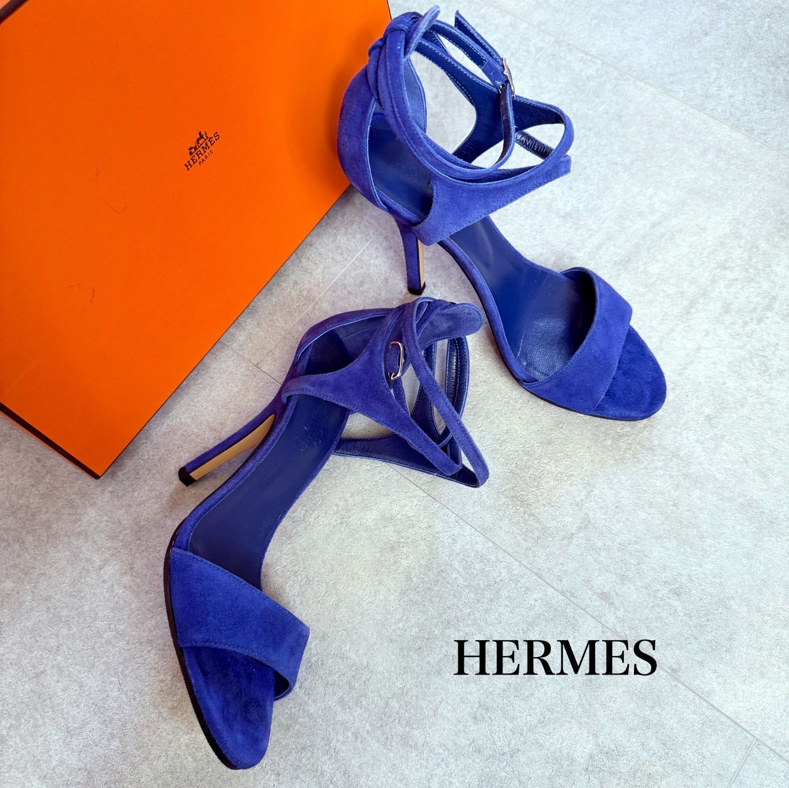 HERMES エルメス スエード ストラップサンダル ブルー ハイヒール 36