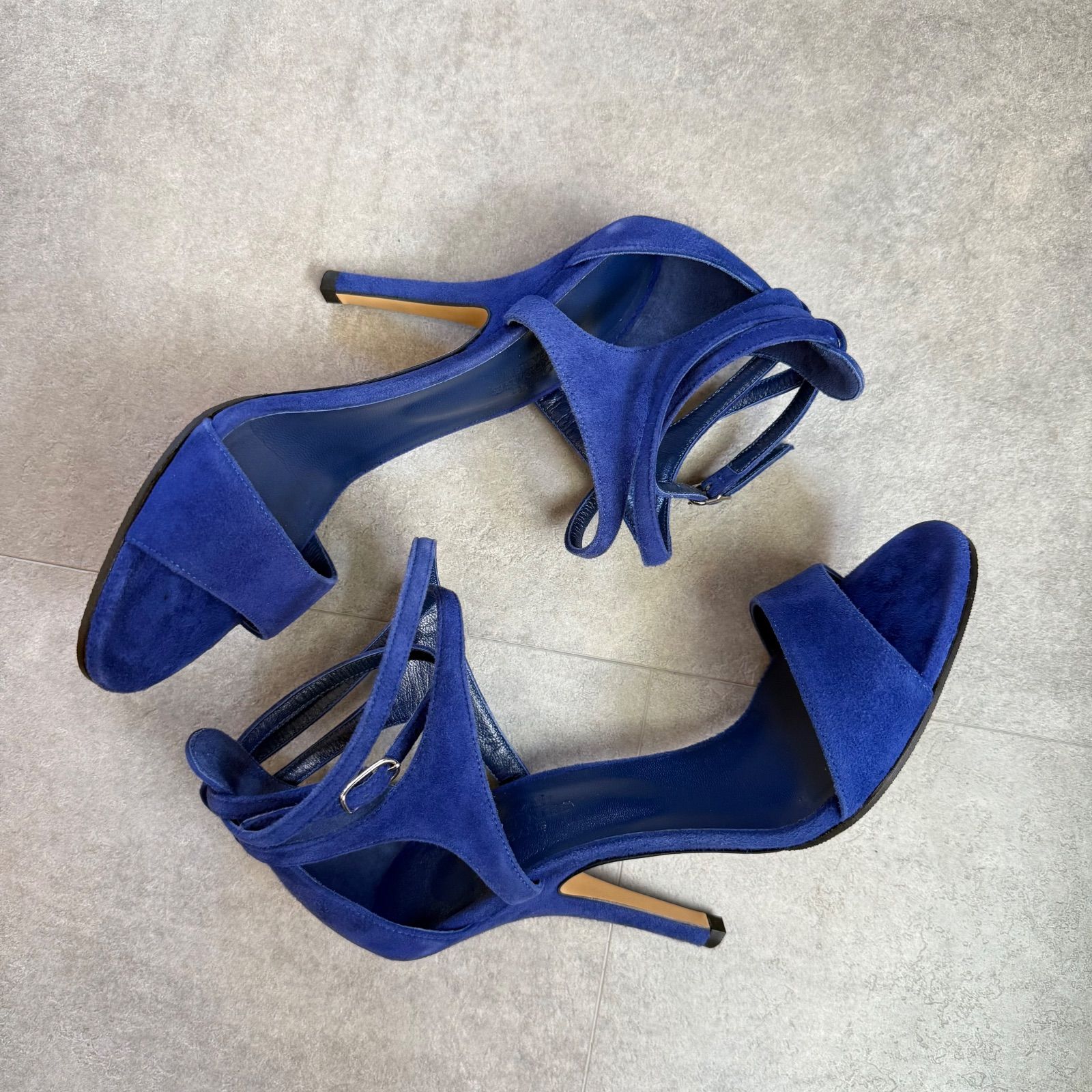 HERMES エルメス スエード ストラップサンダル ブルー ハイヒール 36