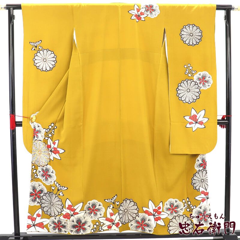 振袖 長襦袢付き 2点セット 成人式 振り袖 正絹 黄色 芥子色 菊 楓 金