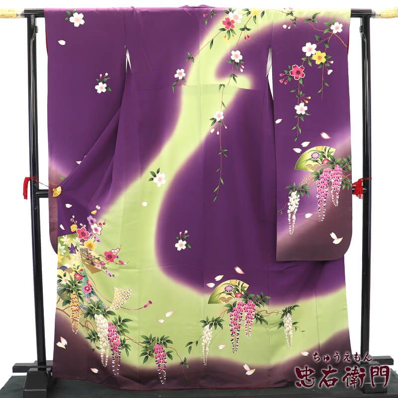 振袖 長襦袢付き 2点セット 成人式 振り袖 正絹 紫 藤 簾 地紙 伝統