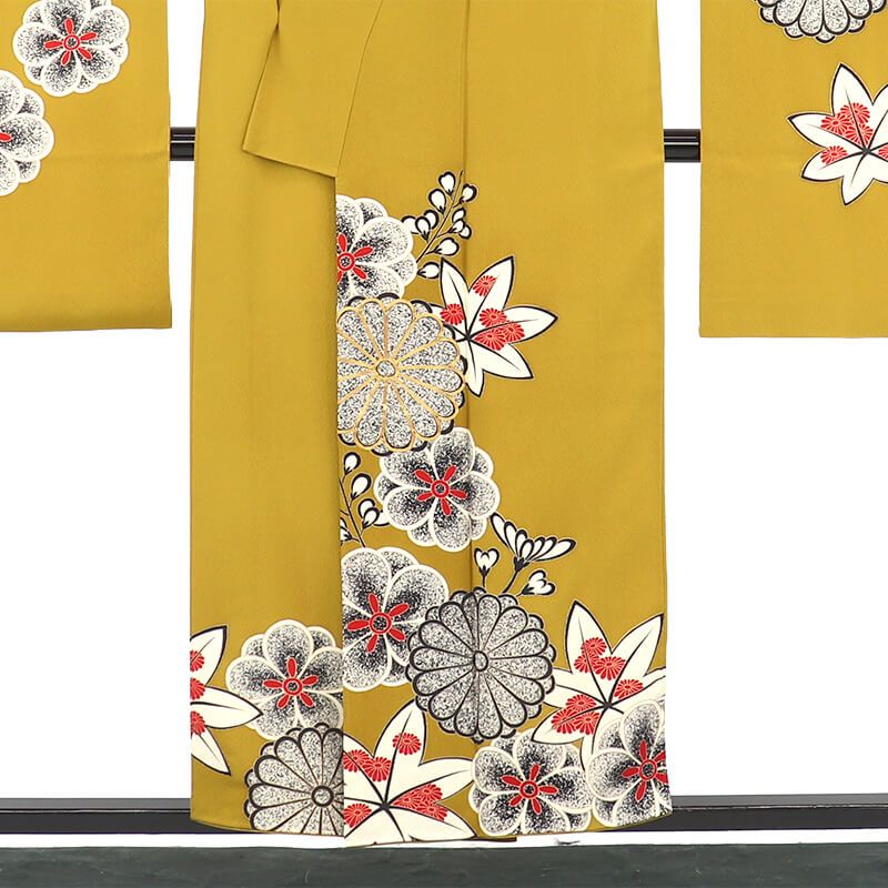 振袖 長襦袢付き 2点セット 成人式 振り袖 正絹 黄色 芥子色 菊 楓 金