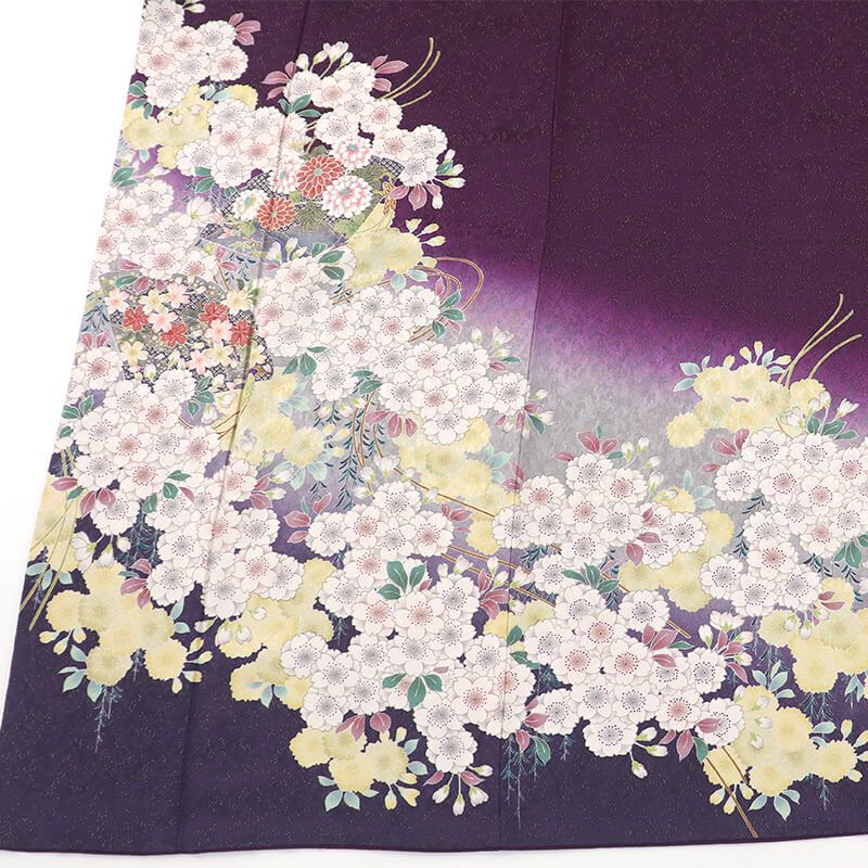 【正絹・仕立て上がり】 振袖 紫 桜 古典 成人式 前撮り C57 送料無料】【中古】 振袖 正絹（展示品 ランクS 黒 赤 桜 紅葉 絞り調